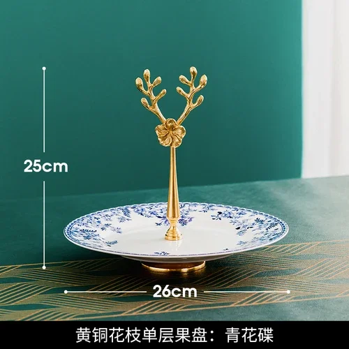 2-layer Brass Glass Fruit Plate Cake Stand Candy Tray Dessert Snack Plates Refreshment Dim Sum Dish Dried