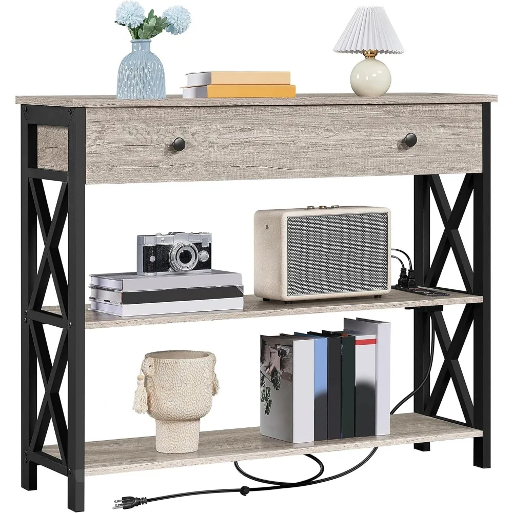 

Console Table with Power Outlets and USB Ports, Wooden Entryway Table with Drawer and Open Shelves, Narrow Sofa Tables with Met