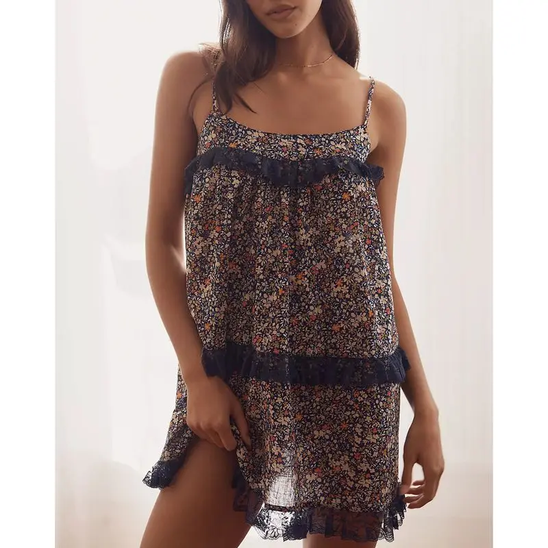 Mujer Verano Y2K Vintage Sin Mangas Volantes Encaje Trim Color Sólido/Estampado Floral Recorte Suelto Mini Cami Vestido