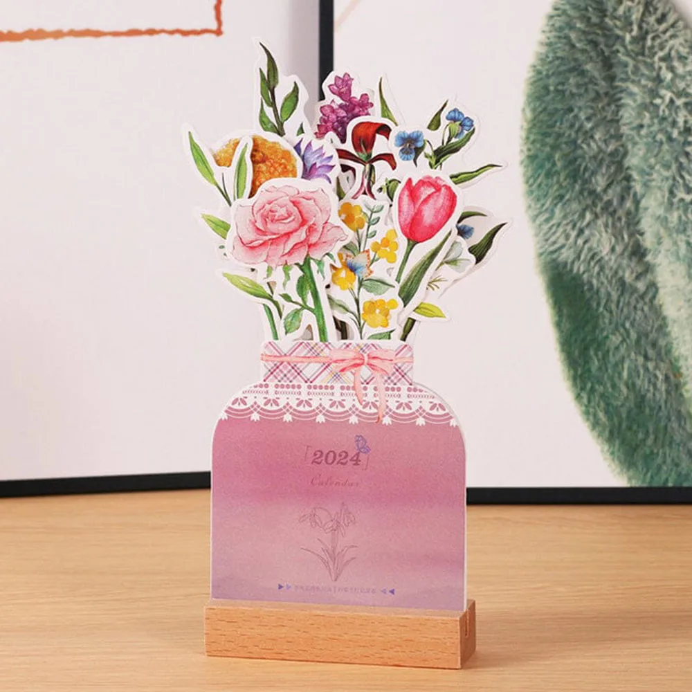 2024 Bloomy Flowers Desk Calendar Daily Scheduler Wooden Insert-Page Design Table Calendar For House Office Decor Supplies