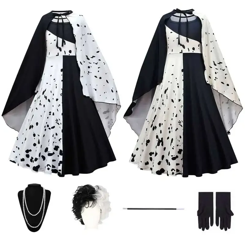 Cruella de cosplay telescópico para meninas, vestido preto e branco, peruca e colar, roupas de Halloween para crianças