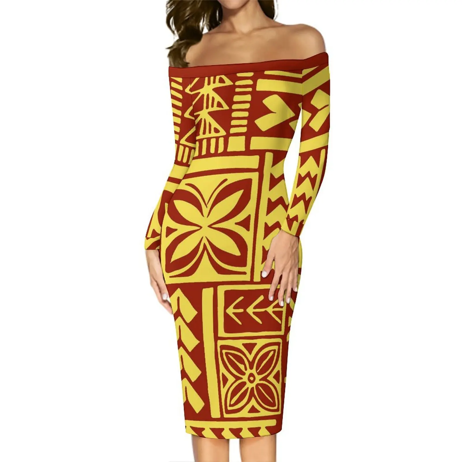 البولينيزية واحدة الكتف فستان بأكمام طويلة التخسيس ومثير جزيرة القبلية نمط مطبوعة المرأة فستان طويل للخريف