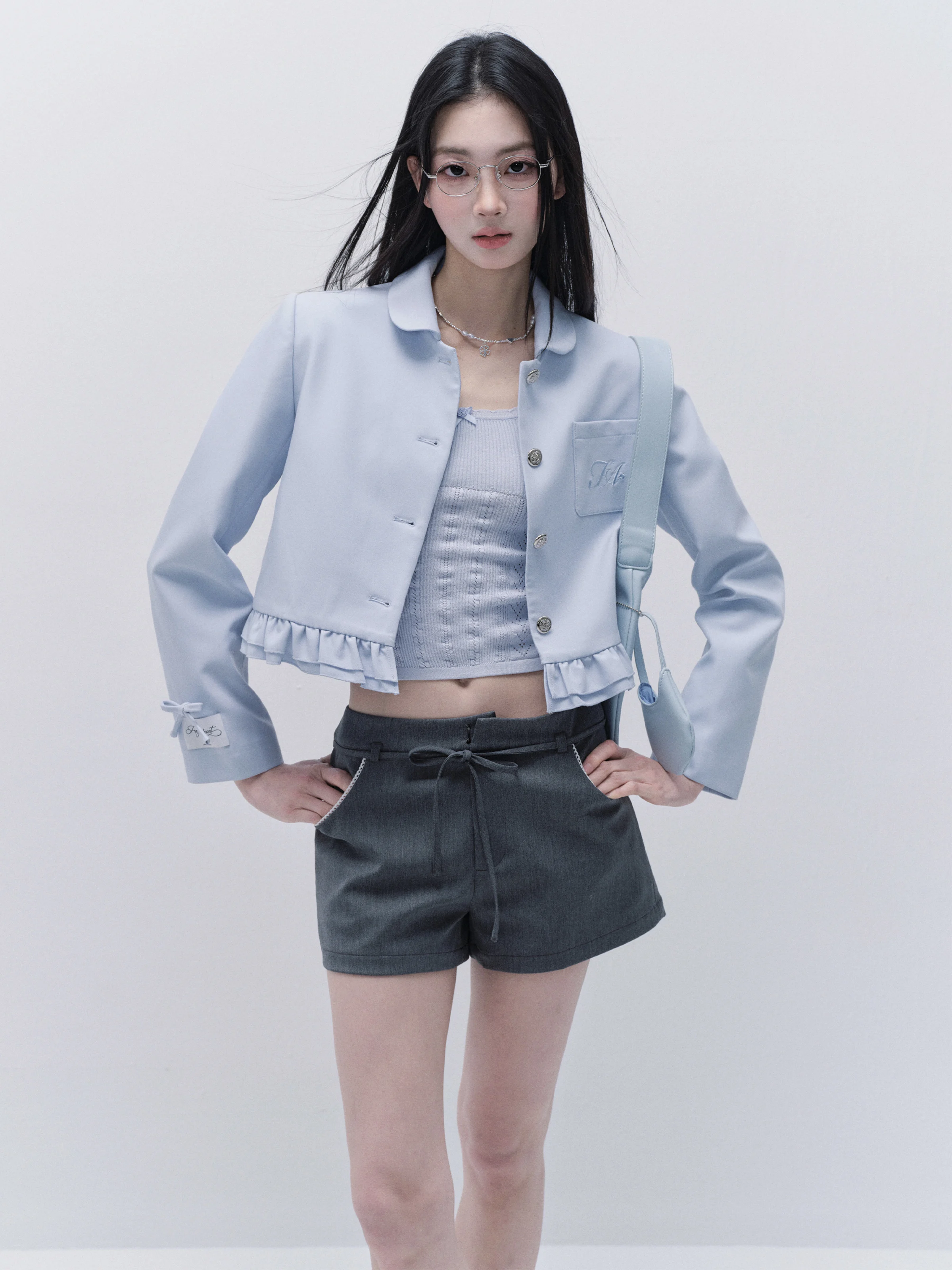 Fragile Heart Korean Style Blue Short Suit Jacket Commuter Wind Resistant Shoulder Length Women's Fashion Daily Wear Polyester