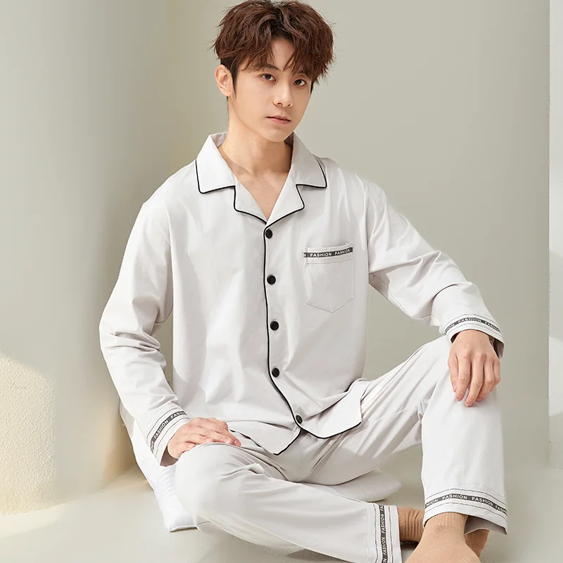 Light Gray Cotton Pajamas Men Sleepwear Nightwear Full Sleeves PJ Pijama Hombre Home Clothes 2 Pieces Set Cotton Pyjama Homme