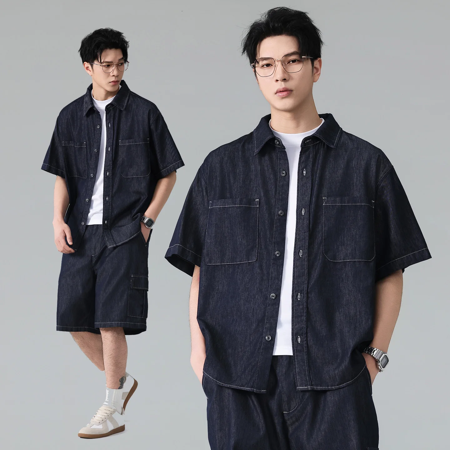 

Men Summer Streetwear Fashion Loose Casual Plus Size Lightweight Denim Short Sleeve Cargo Shirts Shorts Pants Sets Tracksuits