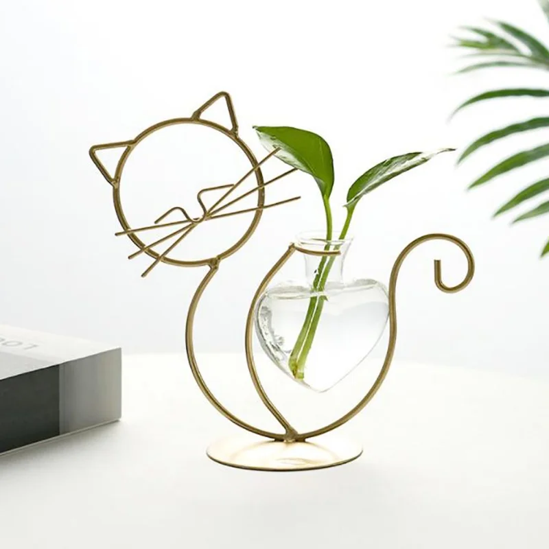 Insta-Style Cat Shape Hydroponic Vase Creative Tabletop Decoration In Living Room Simple Metal Support Hydroponic Containers