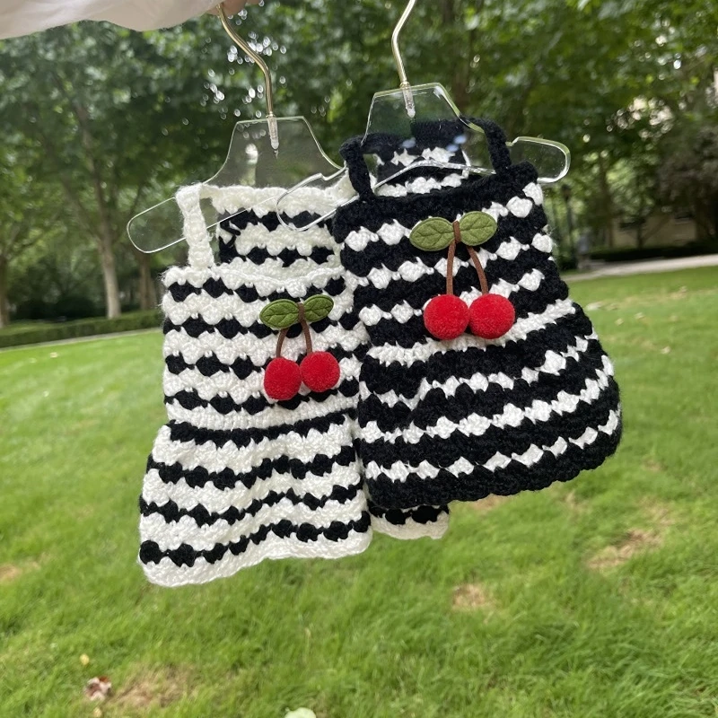 Pet Sling Dress Dog Yorkshire Autumn Winter Warm Hand Knitted Sweater Black White Cherry Sling Dress Dog Clothes for Small Dogs