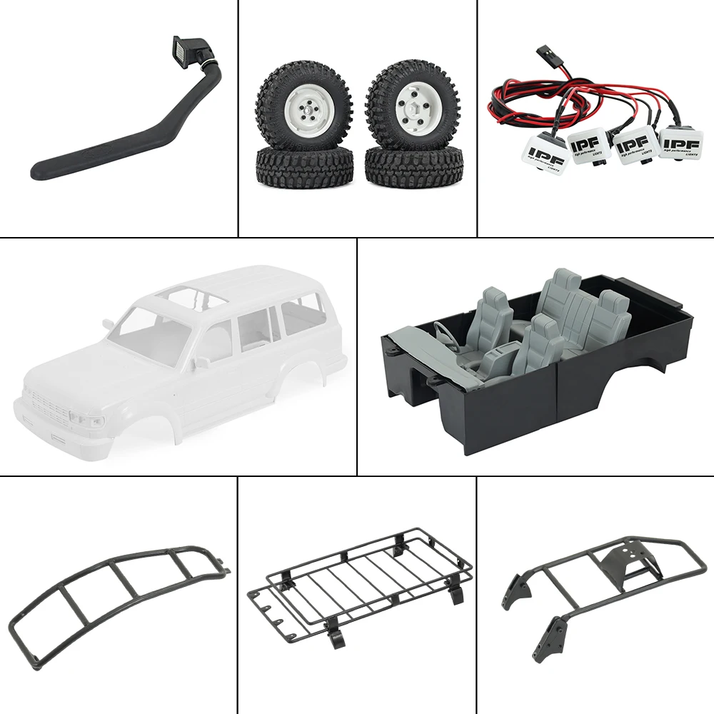 

1/10 Scale LC80 Hard Body Mount Roof Rack Interior Tail Ladder Spare Wheel Carrier Snorkel LED Lamp for RC Crawler TRX4 SCX10