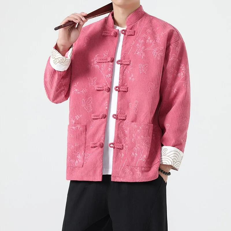 2024 Men Embroidered Tops Men Chinese Traditional Red Jackets Male Corduroy Tang Suit Men Long Sleeve Festival New Year Jacket