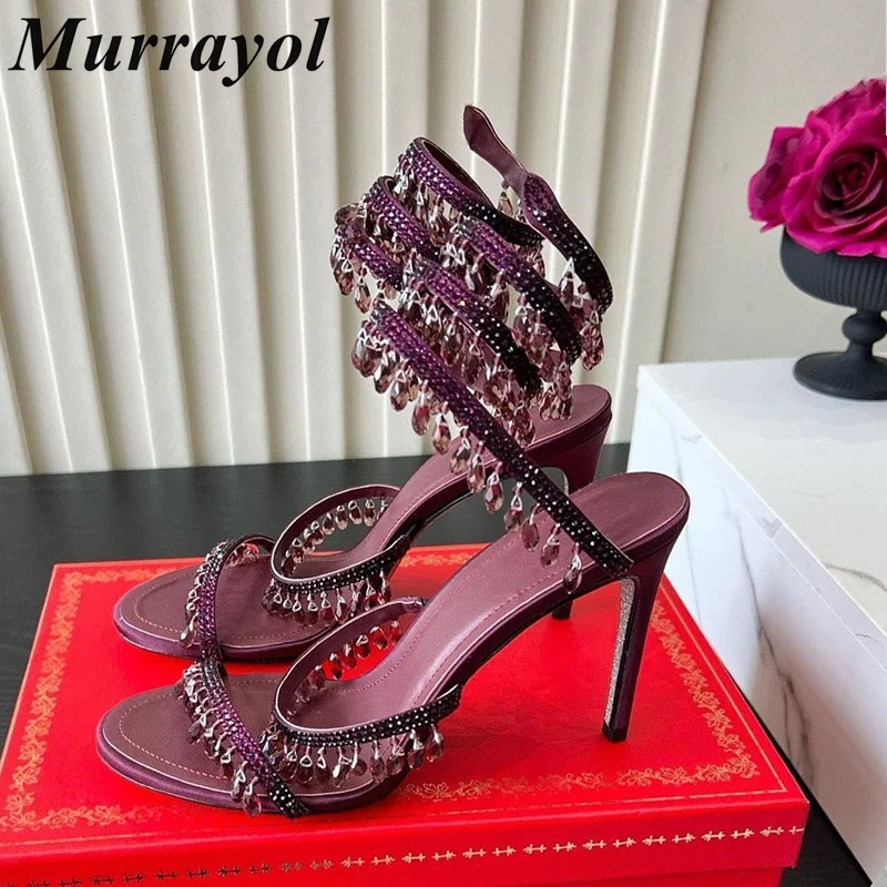 Sandals Summer Sparkling Crystal Tassel Pendant Thin High Heels Women's Serpentine Wrapped Gladiator Sandals Banquet Dress Shoes