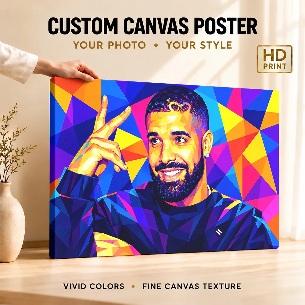 Drake Hip Hop Portrait Music Gallery Wrapped Canvas Print Customized Photo Geometric Color Blocks Wall Art For Listening Room