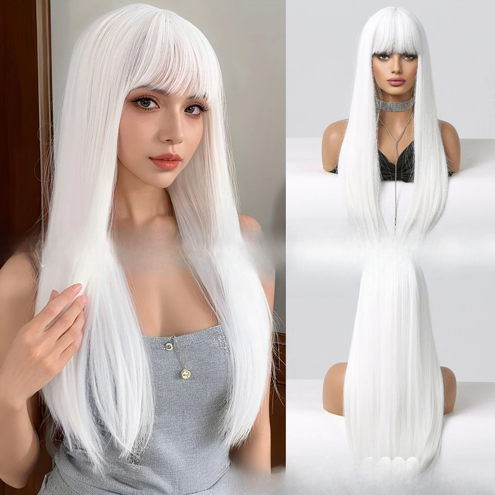 

European and American style white Qi bangs long straight hair chemical fiber wig female fashion charming high temperature silk c