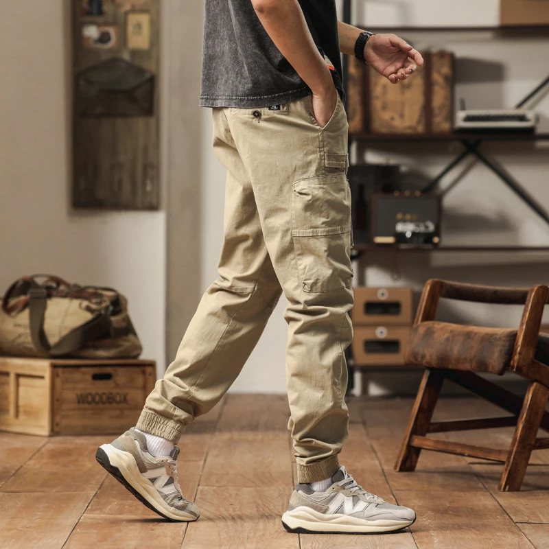 Summer Men's Casual Work Pants Trousers with Multiple Pockets Washed Durable Straight Leg Tied Brand