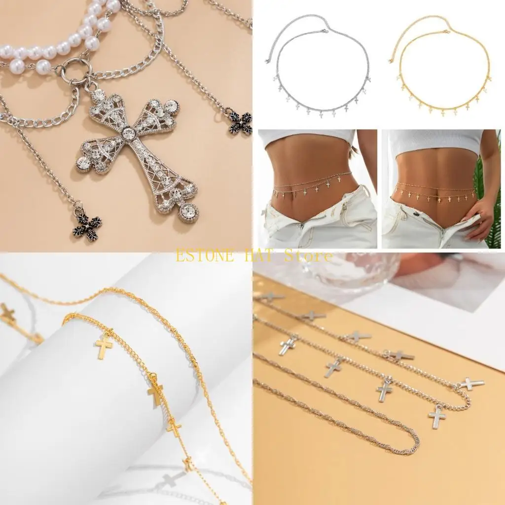49MF Punk Waist Belt Hot Girl Sexy Metallic Crosses Charm Body Chain for Dress Stage