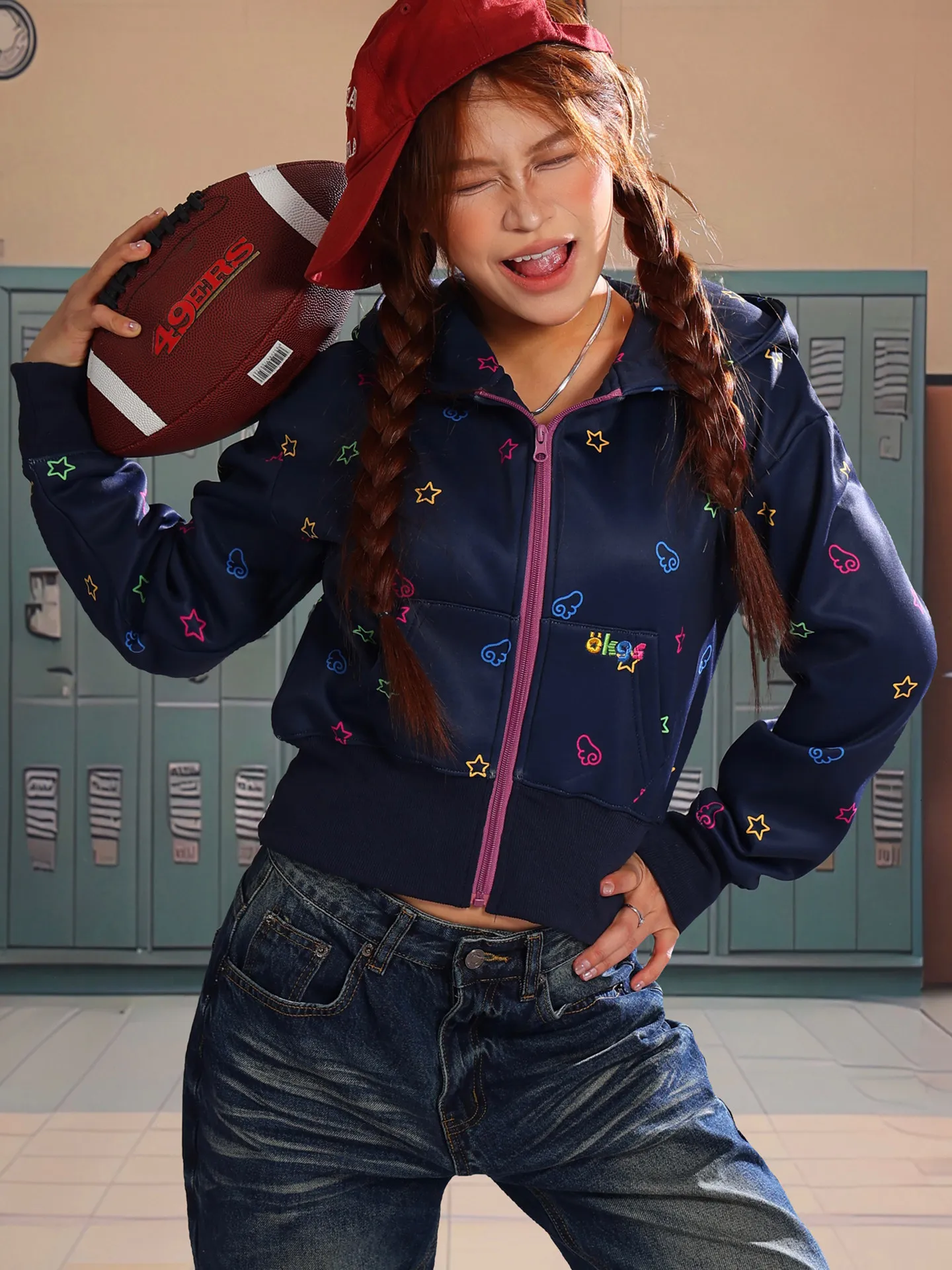 

American Sle Star Print Hoodie Jaet Women Early Spring Spicy Girl Zipper Sweatirt Loose Fit Polyester Fiber Long Sve...