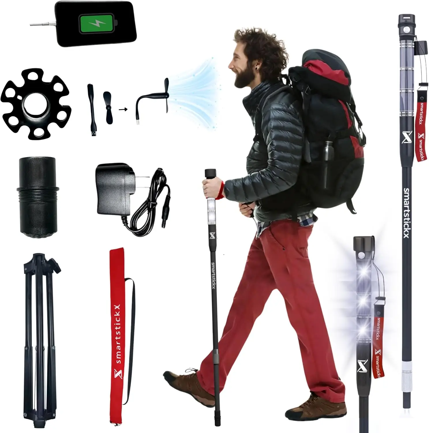 

Walking Stick Collapsible Trekking Pole Survival Hiking Stick Aircraft Aluminum, Power Bank, 2 Bright LED Light Modes, Solar