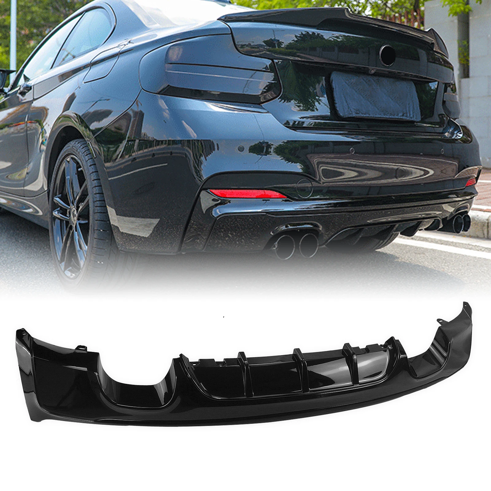 Rear Bumper Diffuser Lip For BMW 2 Series Coupe 2014-2021 230i M240i M Sport Gloss Black/Carbon Fiber Look Boot Splitter Spoiler