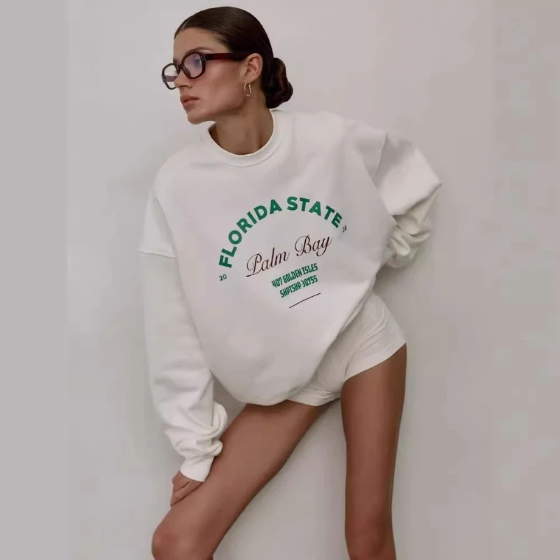 Felpa con cappuccio girocollo casual stile retrò da strada stampata con lettera basic autunnale 2025 per donna