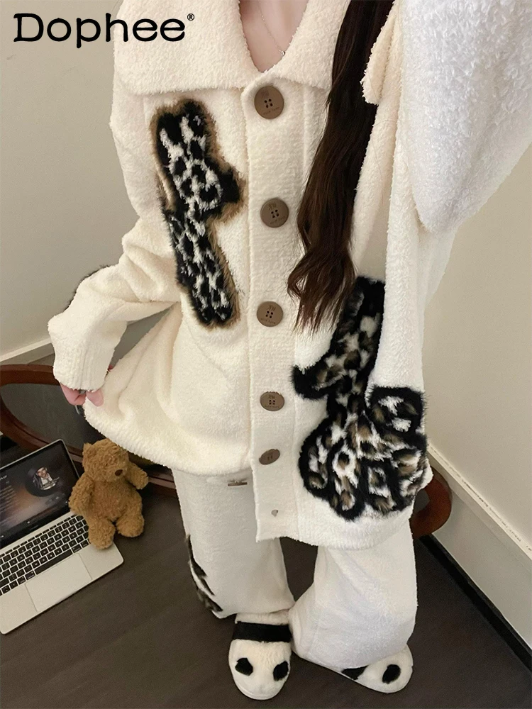 

Плюшевые пижамы в японском стиле Ins Sweet Girl для женщин, осень-зима 202, повседневный свободный флисовый мягкий утолщенный комплект домашней одежды