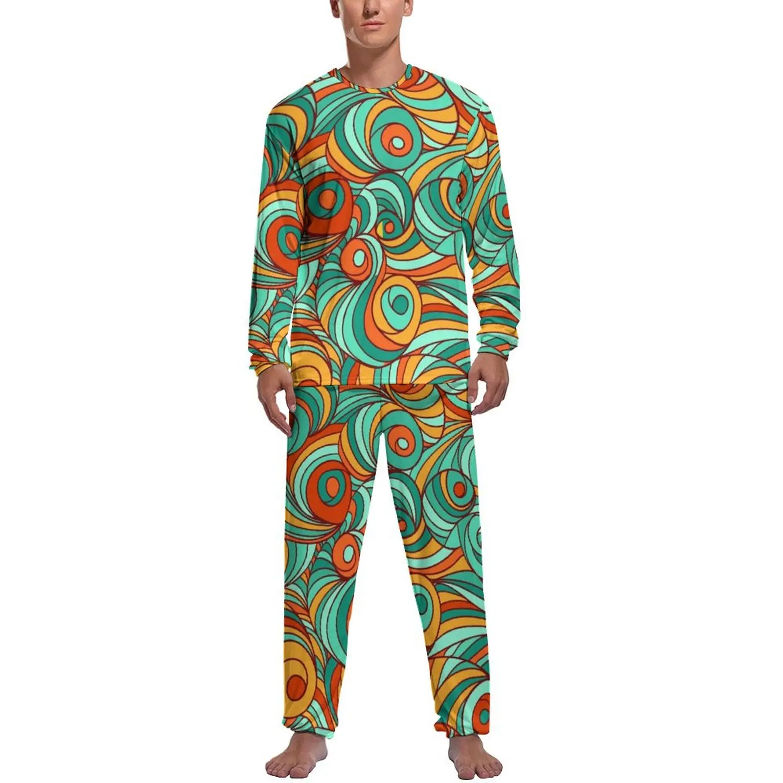 

Swirling Retro 70S Pajamas Long-Sleeve Abstract Lines Print Two Piece Leisure Pajamas Set Autumn Mens Design Fashion Home Suit