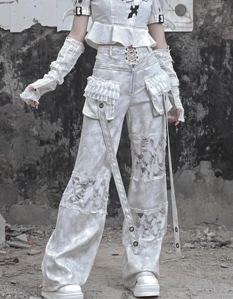 2024 Street Fashion Rock Punk Steampunk Straight Leg pants , Retro suede strap  Lace pockets Straps Workwear Womens Trousers