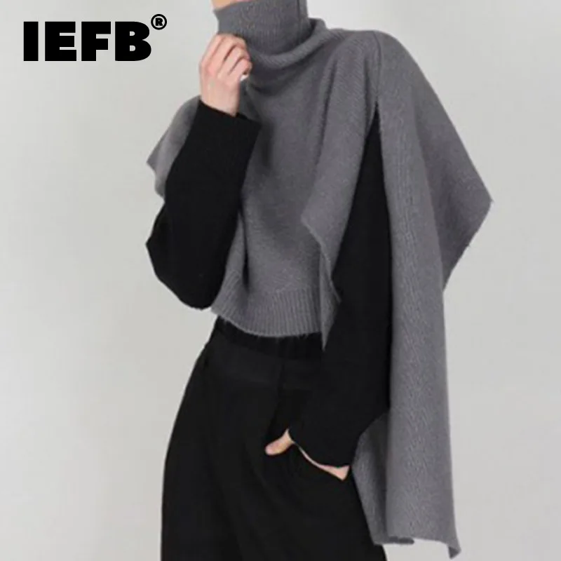 

IEFB Men's Sweater Personalized Shawl Cloak Design Turtleneck Solid Color Thickened Male Knitting Pullovers Spring New 9C3208