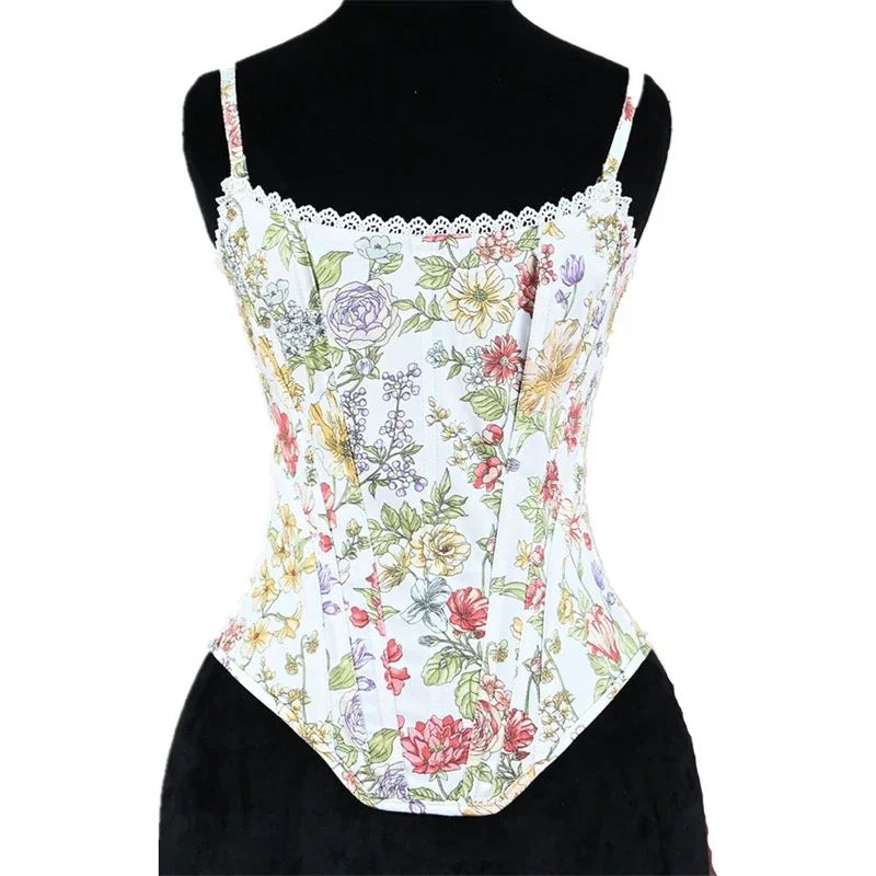 

Женский летний корсетный топ, сексуальный укороченный топ с цветочным принтом на шнуровке, винтажный топ без рукавов с косточками, формирователь тела, камзол