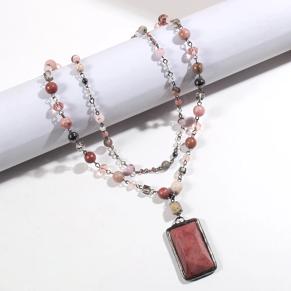 New Vintage Jewelry 4/6/8mm Natural Stone Crystal Glass Hematite Link Chain 2 Layer Necklace Stone Rectangle Pendant Necklace