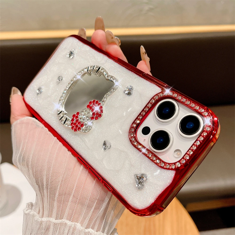 

Luxury Glitter Mirrors Hello Kitty Phone Case For iPhone 16 Pro Max 15 14 Plus 13 12 Pro Max Funny Soft Mirror Case Cover