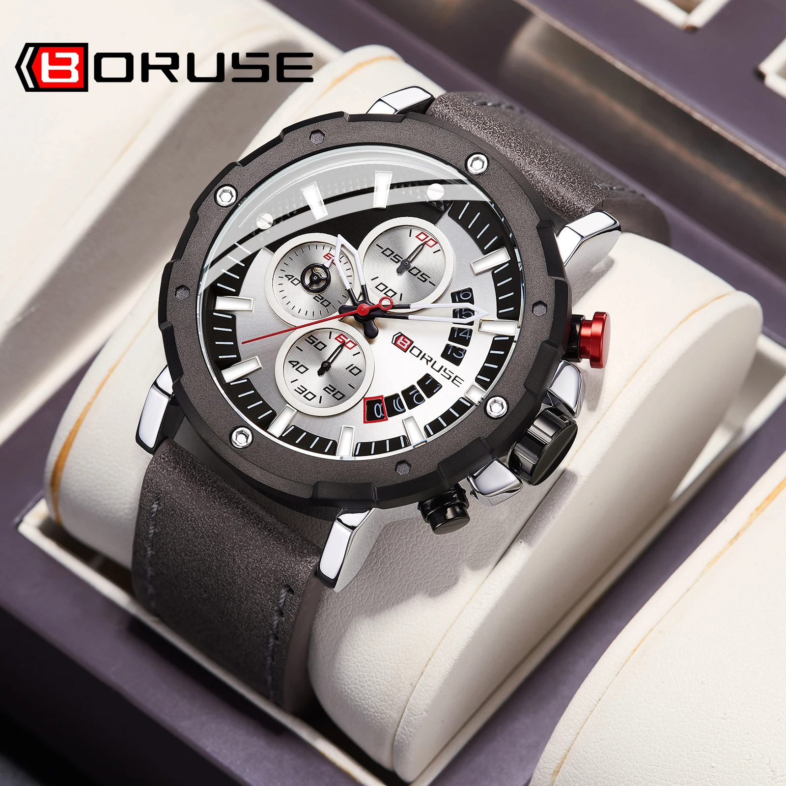 

BORUSE Mens Chronograph Watches Luxury Grey Leather Sport Waterproof Date Quartz Watch for Men Relogio Masculino