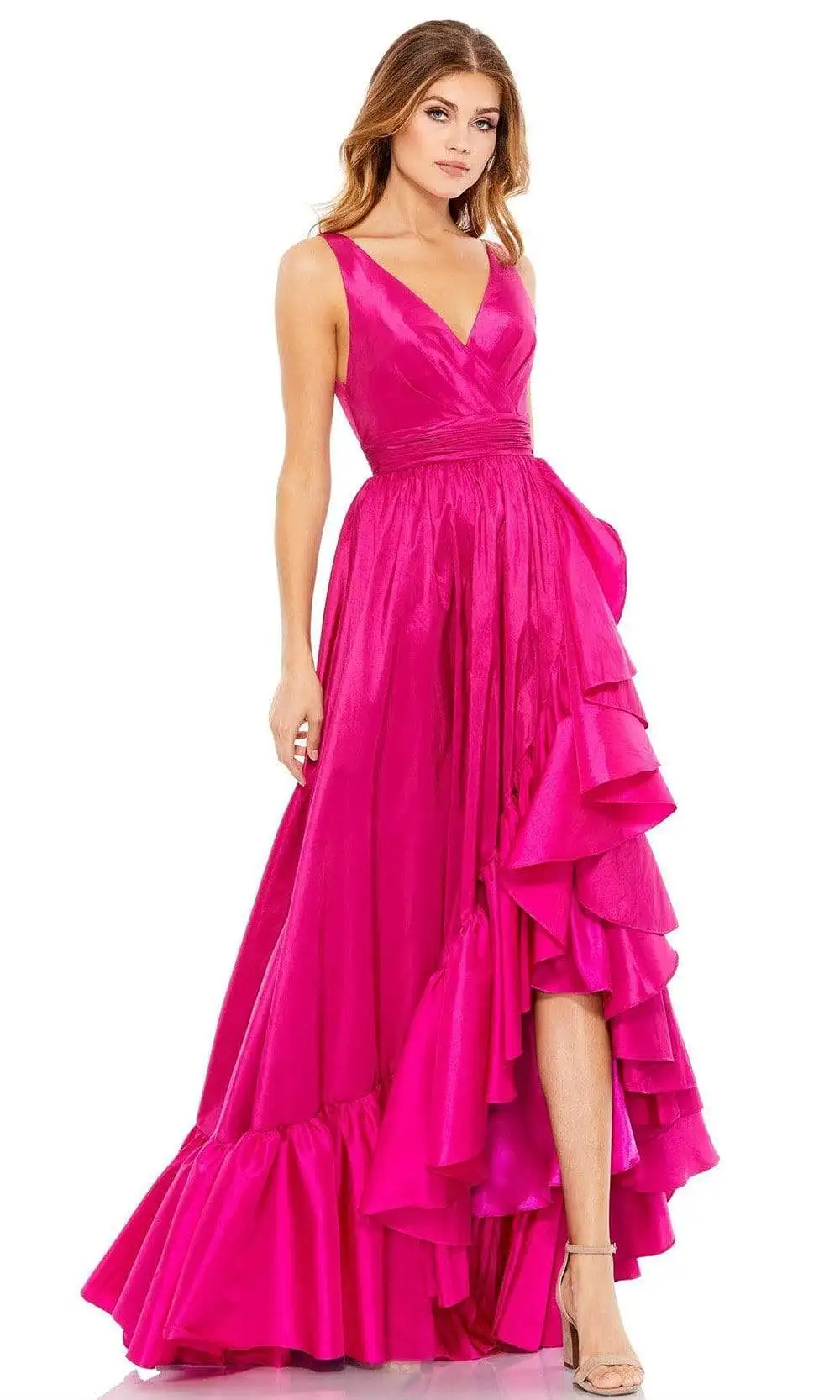 

Customized Fuchsia Prom Dresses V Neckline Sleeveless Short Front Long Back Taffeta Ruffles Formal Party Women Evening Gowns