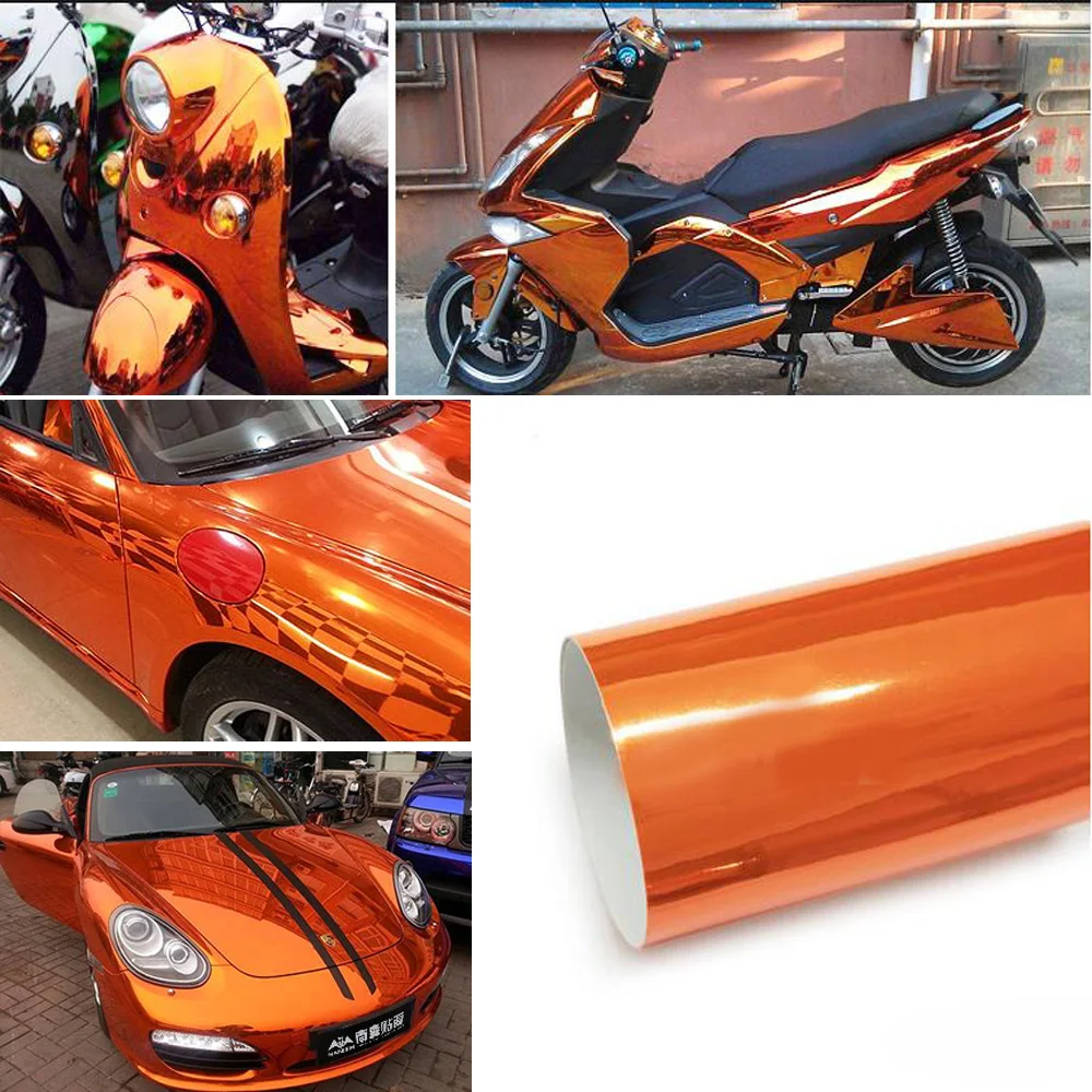 60x152cm Stretchable Metallic Plating Orange Vinyl Wrap Motorcycle Body Decals Car Exterior Sticker Mirror Gloss Film Sheet Roll