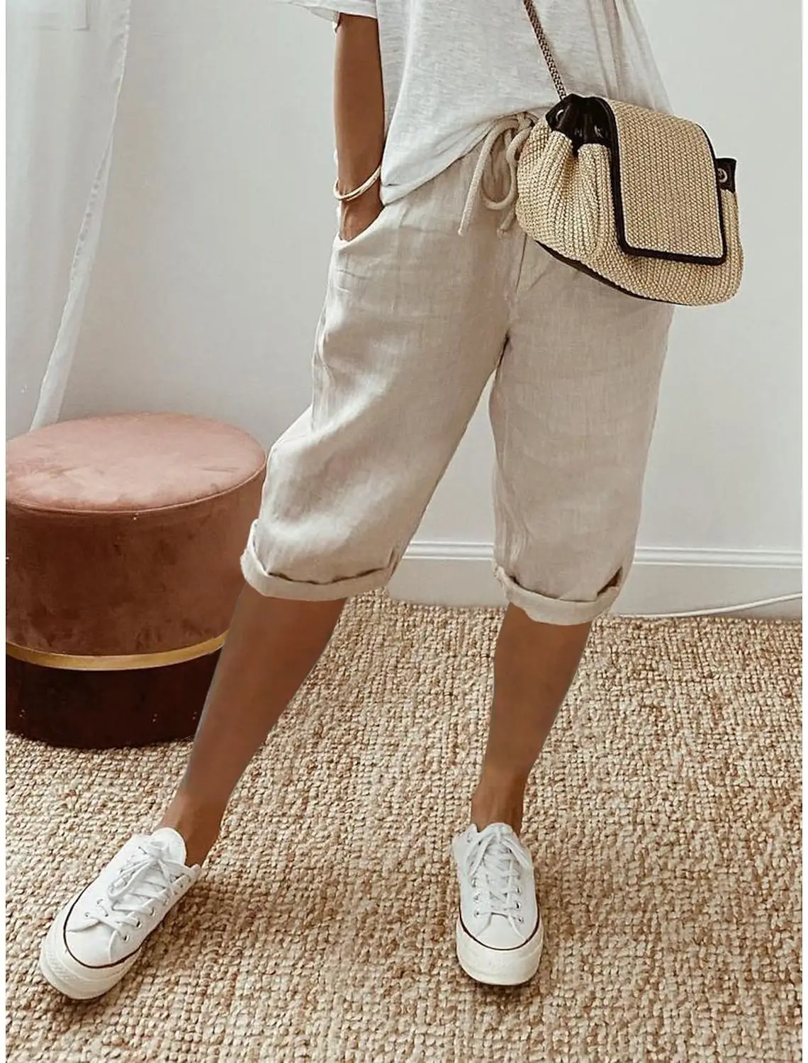 Women Cotton Linen Drawstring Elastic Loose Casual Summer Pants