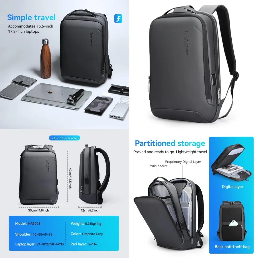 

Slim Laptop Backpack for Men, High Tech Backpack with Scratch Resistant Shell and USB Charging Port, Waterproof Business Backpa