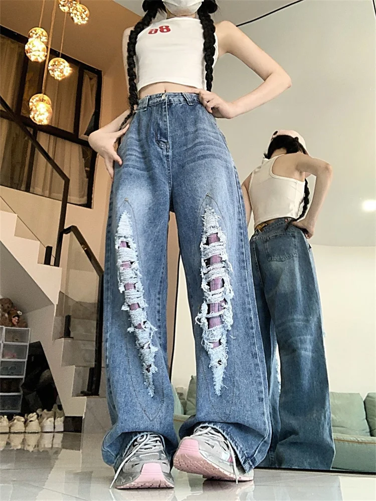 

Women's Single Row Perforated Design Jeans Cool Girl Street Fashion Straight Distressed Pants Female High Waist Denim Trousers