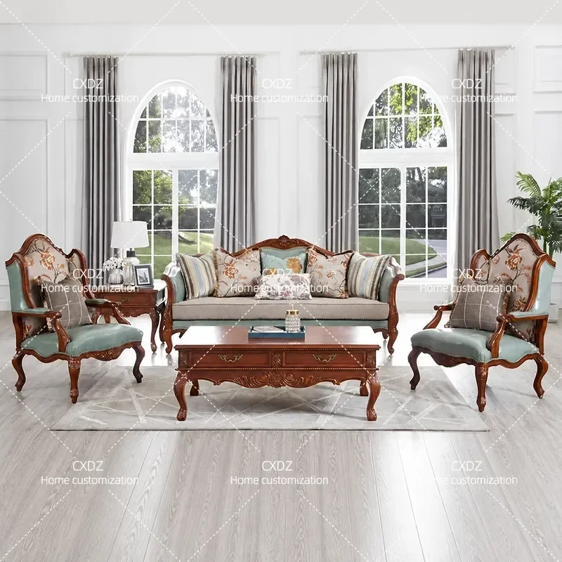 Solid Wood Leather Sofa Set for Living Room Luxury Carved Furniture for Villa and Large Apartment