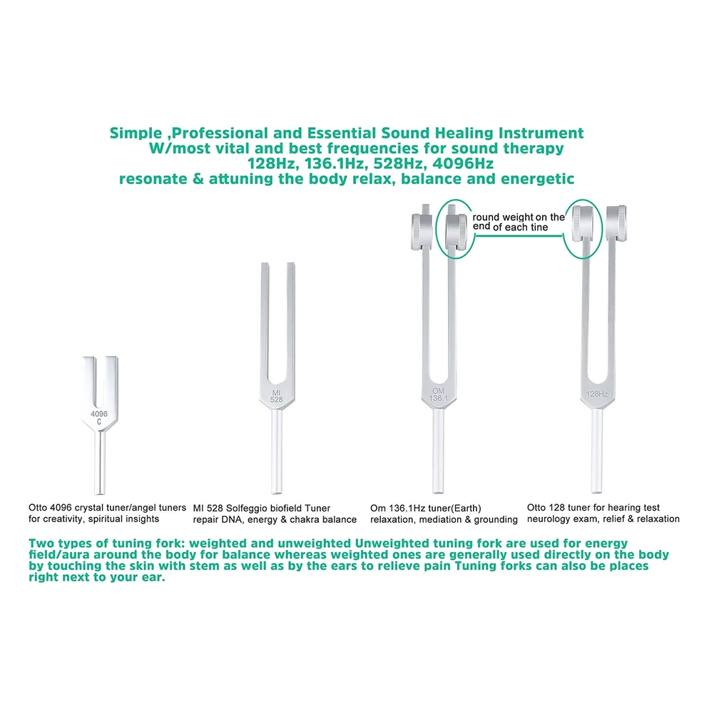 Tuning Fork Set para Chakra de Cura, Reliever Stress, Sound Therapy, 128Hz, OM 136.1Hz, MI 528Hz, 4096Hz, 4pcs