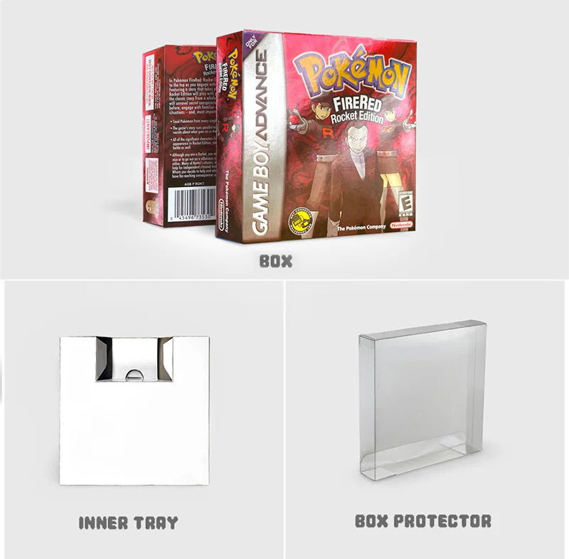 RTC Flash cart USA version English pokemon firered rocket edition Metallic Holographic Box Inner Tray Game Cartridge for GBA