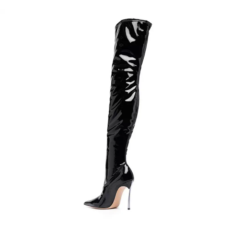 Arden Furtado 2024 black over the knee boots for women Shiny Leather stiletto heels Sexy  Pointed toe  fall boots for women 2024