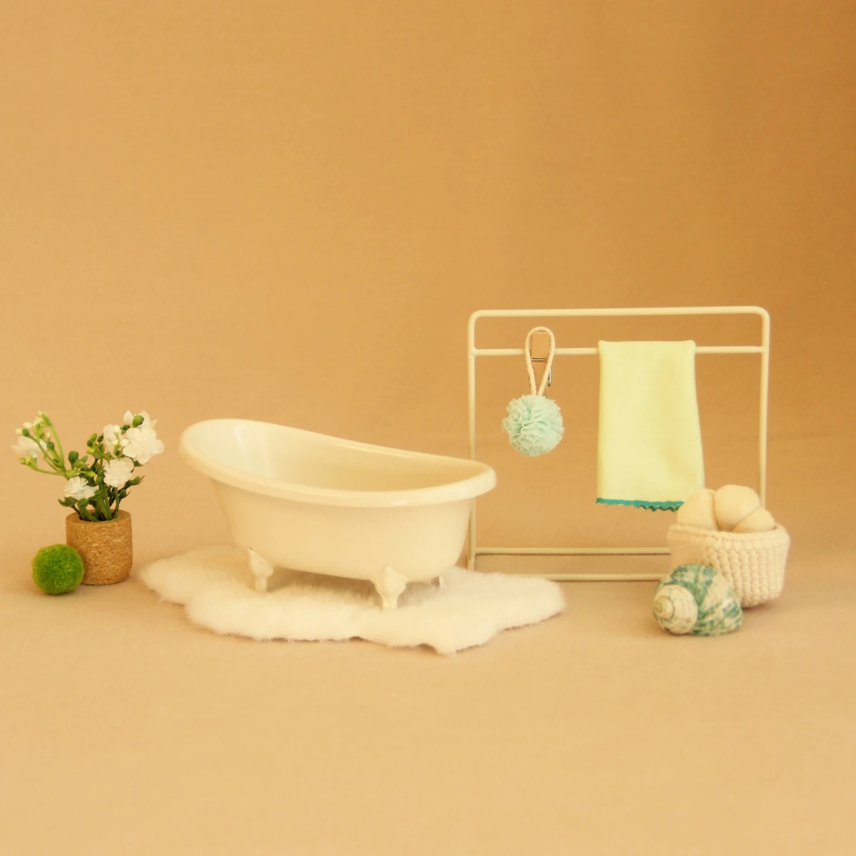 Miniatuur Simulatie Speelgoed Huis Meubels 1:12 Smeedijzeren Bad met Badbal en Tapijt Geschikt voor Bjd Ob11 Poppenhuis Badkamer Accessoires