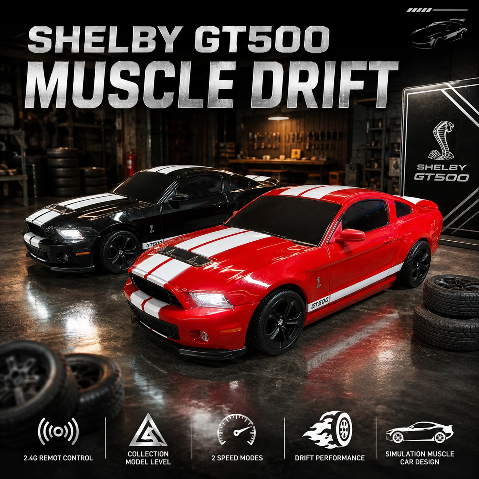 1:24 Licensed 2014 Ford Shelby GT500 RC Drift Car, Full Function Remote Control Racing Car with LED Light, RC Sport Toy Car Gift