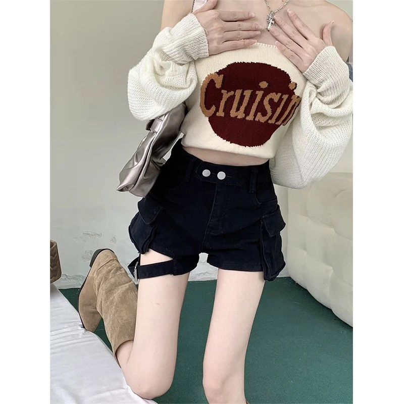 Streetwear Cargo Denim Shorts Women Y2K High Waist Black Short Jeans Summer Harajuku Korean All Match Chic Short Hot Pants New