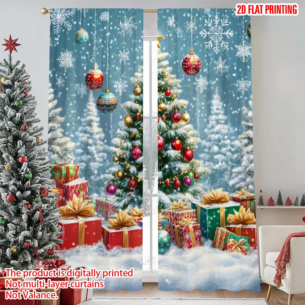

2pcs 2D flat printing Christmas Window Curtains Snow scene and Christmas tree Versatile Polyester Without Electricity Festive