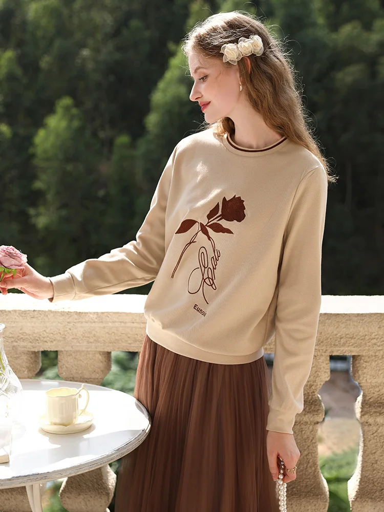 I BELIEVE YOU Khaki Hoodies Women 2024 Embroidery Lazy Wind Loose O-Neck Spring New Pullovers Unique Trendy Tops Lady 2241195503