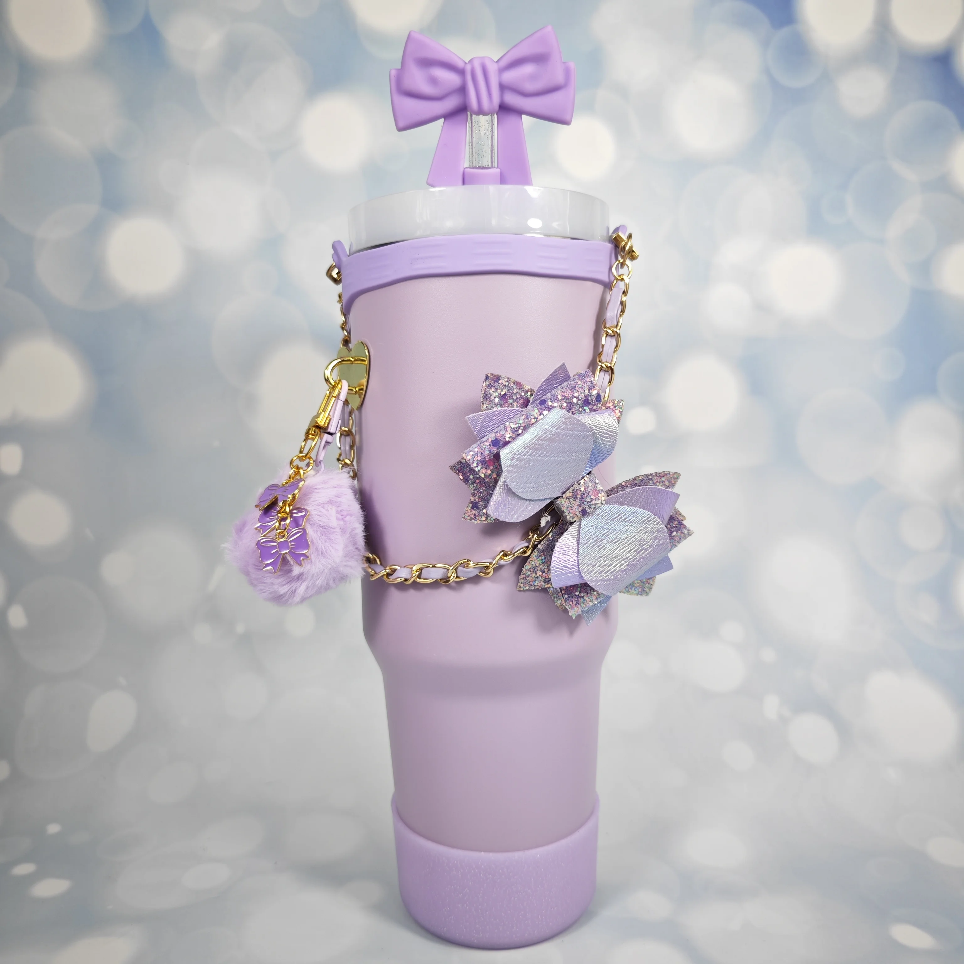 Hot-Selling Rope Braided Cup Chain Bow Fuzzy Hanging Chain Silicone Bow Straw Cap Stopper Cup Sleeve Combo Set
