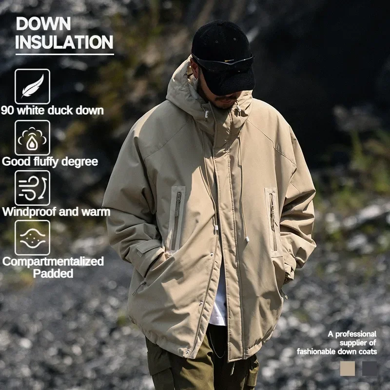 new 90 down outdoor Japanese waterproof oblique zipper hooded down jacket winter trend loose workwear down jacket men and women