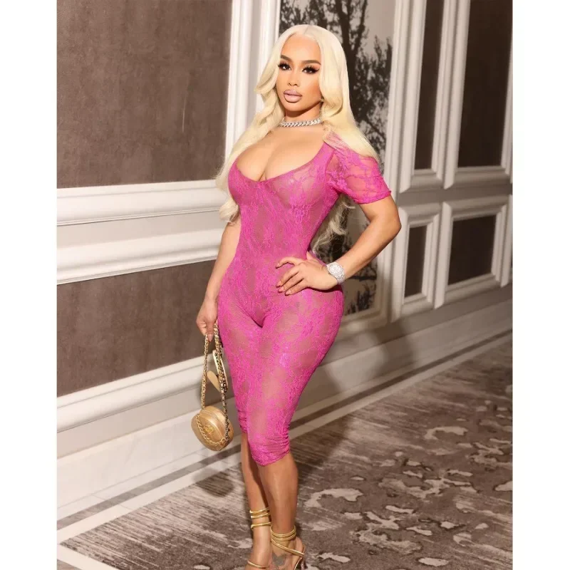 GUWU Sexy Sheer Floral Lace Tutina Donna Pagliaccetti Night Club Abiti Elastico Skinny Backless One Pieces Tuta Bodys Mujer