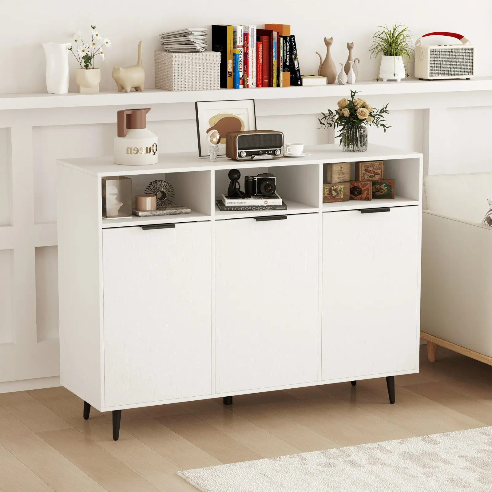 Hochwertiges Side Board Mit Großem Regal, 3 Offenen Fächern Und 3 Schränken Mit Türen