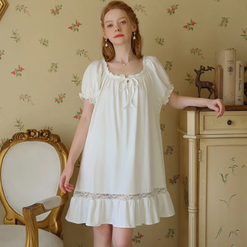 

Women's Summer Princess Short-Sleeved Nightdress Thin Lace Cotton Pajamas Cute Sweet Style Sexy French Court Design