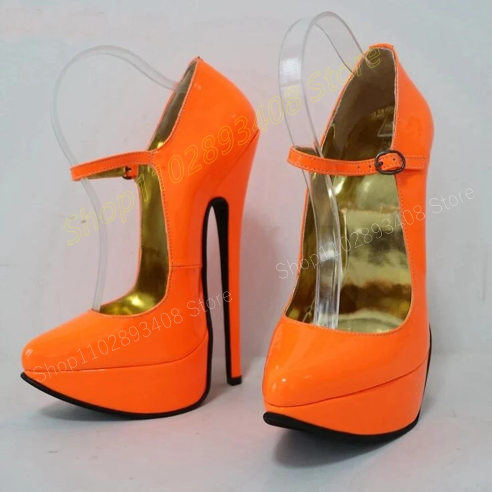 Décolleté Sexy in pelle verniciata arancione punta a punta Stiletto cinturino alto cinturino moda donna scarpe 2024 estate Zapatos Para Mujere